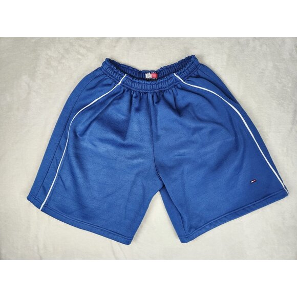 Vintage Tommy Hilfiger Men's Sweat Shorts Size Small Blue Stretch Waist Wide Leg - Picture 1 of 12